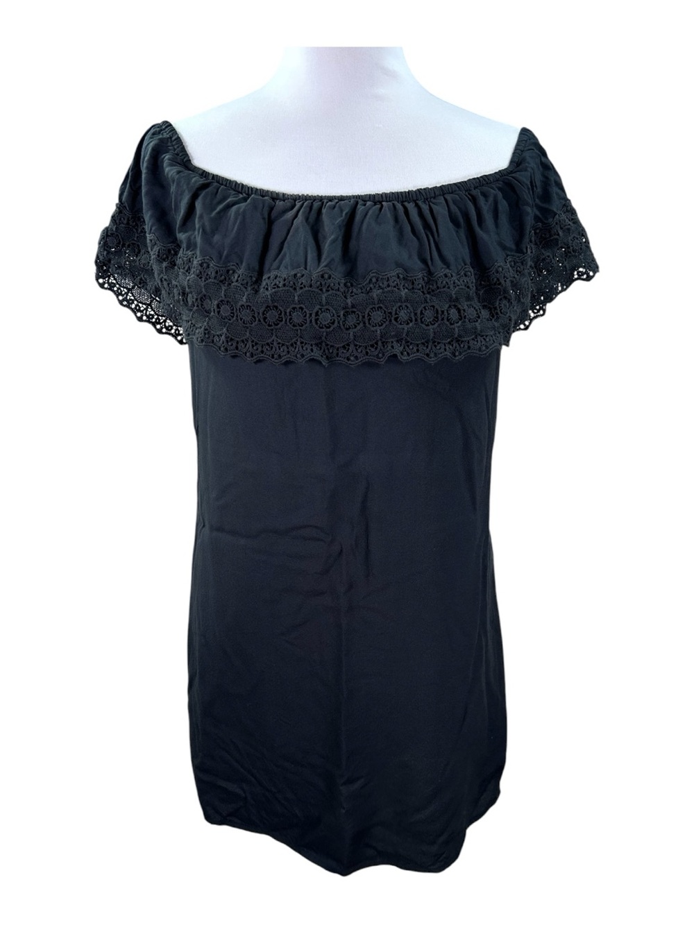 Hollister Off Shoulder Crochet Lace Ruffle Mini Dress Women’s M Black Dark Boho
